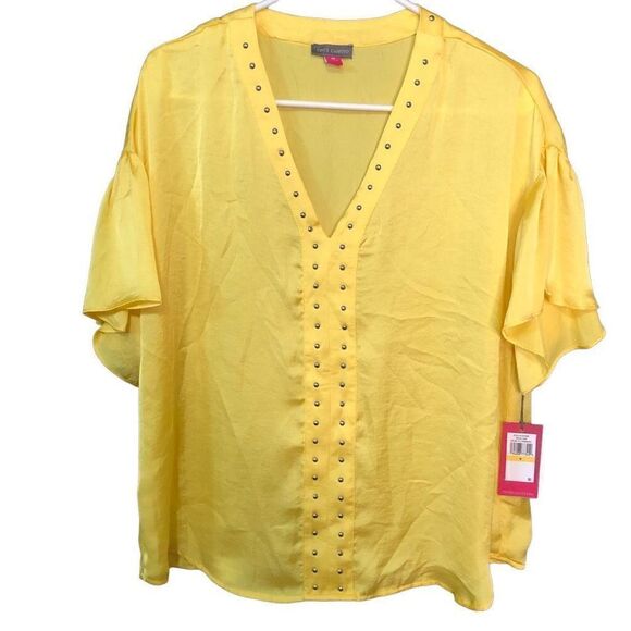 NWT - Vince Camuto® Short Sleeve Embroidered V-Neck Rumple Blouse Yellow Size M - Picture 2 of 6